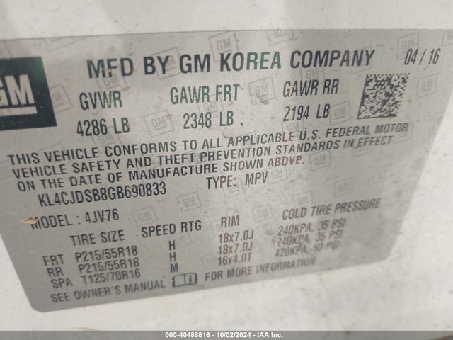 KL4CJDSB8GB690833 Buick Encore Premium