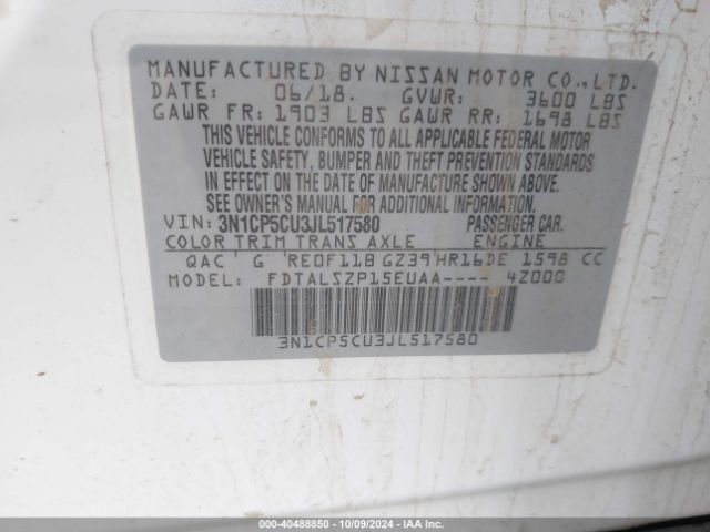 3N1CP5CU3JL517580 Nissan KICKS SV