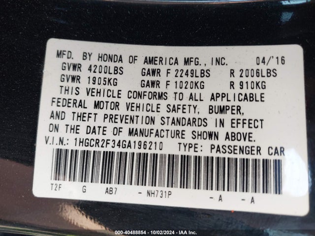Honda ACCORD LX 2016 1HGCR2F34GA196210 Image 9