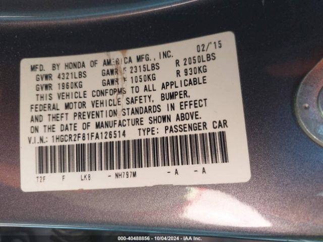 1HGCR2F81FA126514 Honda Accord Ex-l