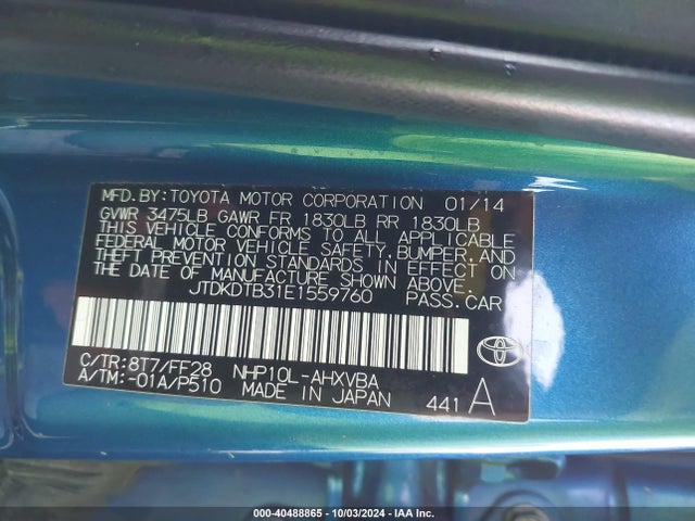 JTDKDTB31E1559760 Toyota Prius C Two