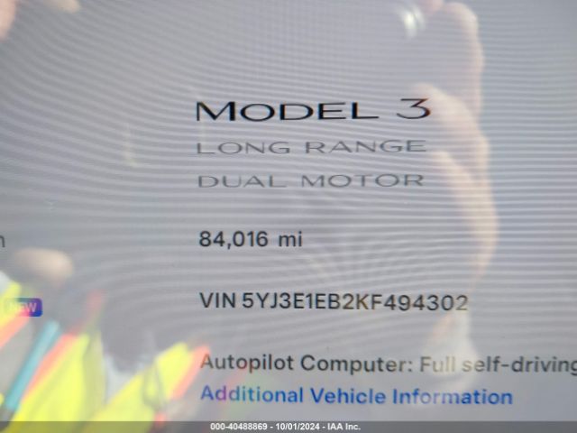 5YJ3E1EB2KF494302 Tesla Model 3 Long Range/performance