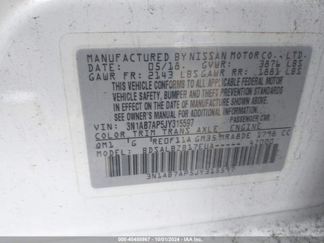 Nissan SENTRA S 2018 3N1AB7AP5JY315597 Image 9