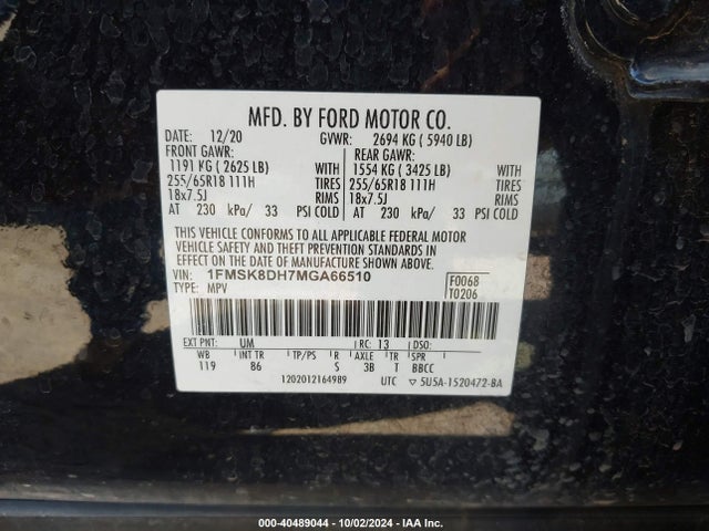 Ford EXPLORER XLT 2021 1FMSK8DH7MGA66510 Image 9