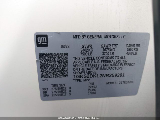 1GKS2DKL2NR259291 GMC Yukon 4wd Denali