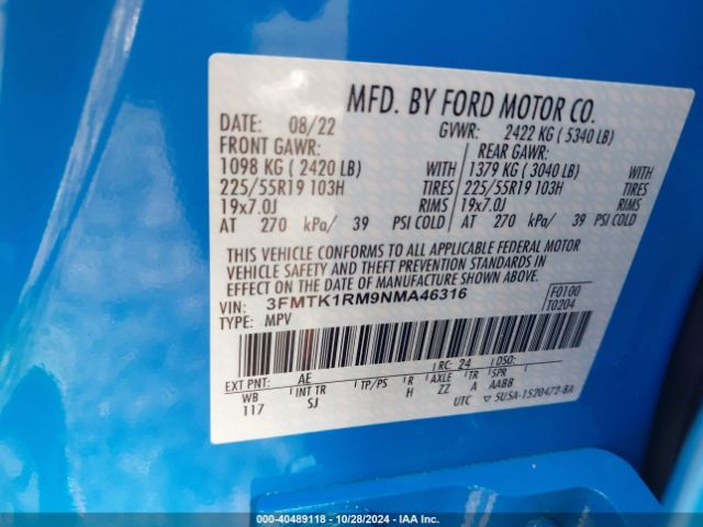 3FMTK1RM9NMA46316 Ford Mustang Mach-e Select