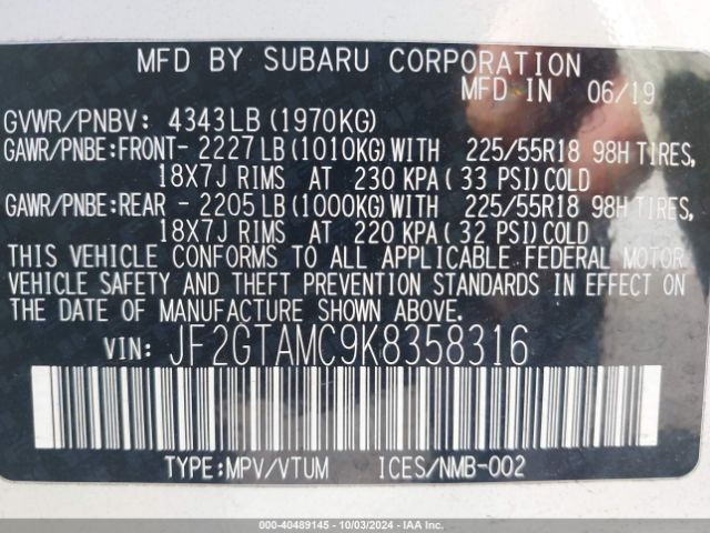 JF2GTAMC9K8358316 Subaru Crosstrek 2.0i Limited
