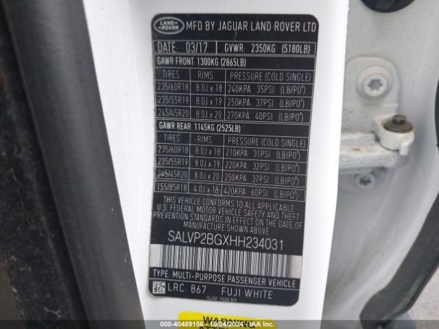 SALVP2BGXHH234031 Land Rover Range Rover Evoque Se/se Premium