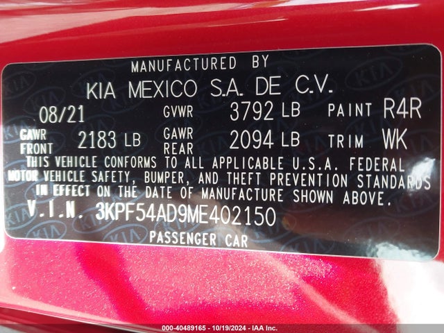 KIA FORTE EX 2021 3KPF54AD9ME402150 Image 9