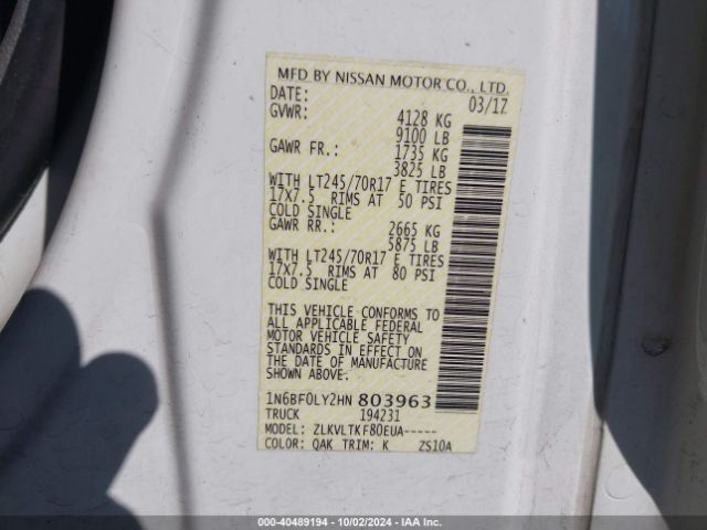 1N6BF0LY2HN803963 Nissan Nv Cargo Nv2500 Hd Sv V6