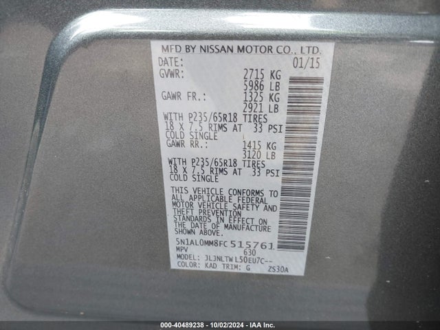 Infiniti Qx60 Base (cvt) 2015 5N1AL0MM8FC515761 Image 9