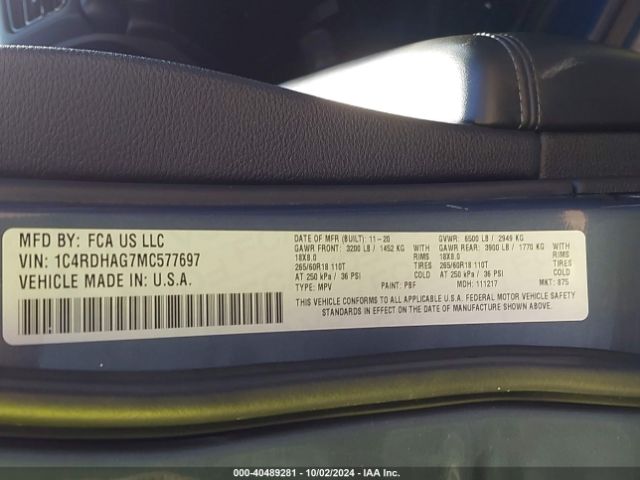 1C4RDHAG7MC577697 Dodge Durango Sxt Plus Rwd