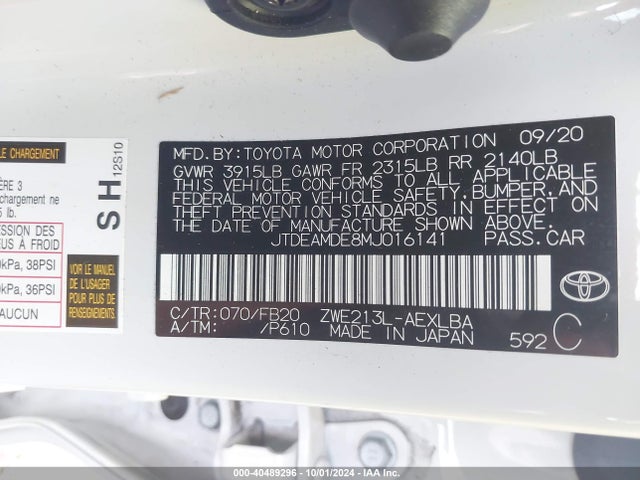 JTDEAMDE8MJ016141 Toyota Corolla Hybrid Le