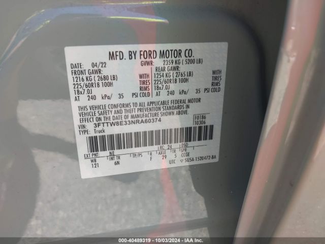 3FTTW8E33NRA60374 Ford Maverick Lariat