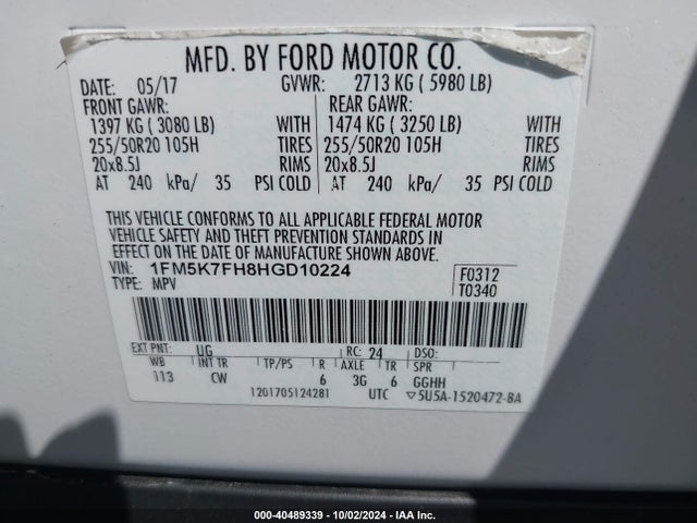 Ford Explorer Limited 2017 1FM5K7FH8HGD10224 Image 9