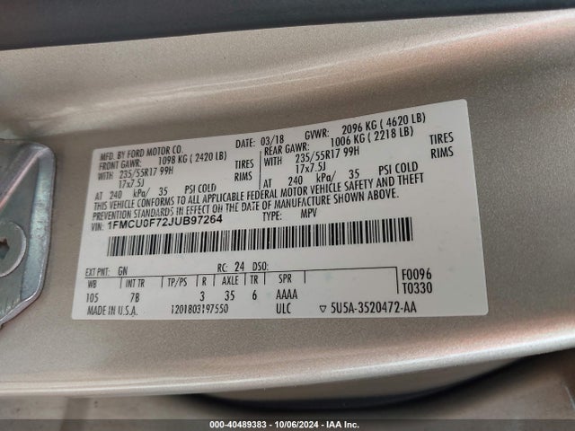 Ford ESCAPE S 2018 1FMCU0F72JUB97264 Image 9
