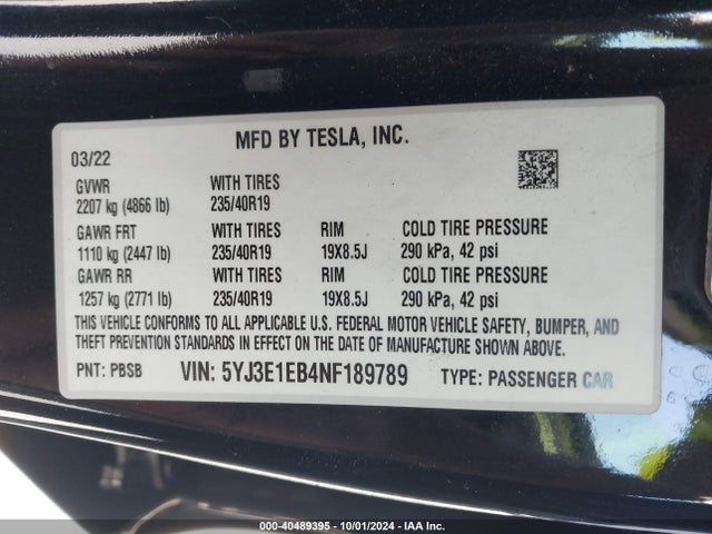 2022 TESLA MODEL 3 5YJ3E1EB4NF189789 Photo 8