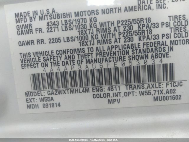 4A4AP3AU6FE053034 Mitsubishi Outlander Sport Es