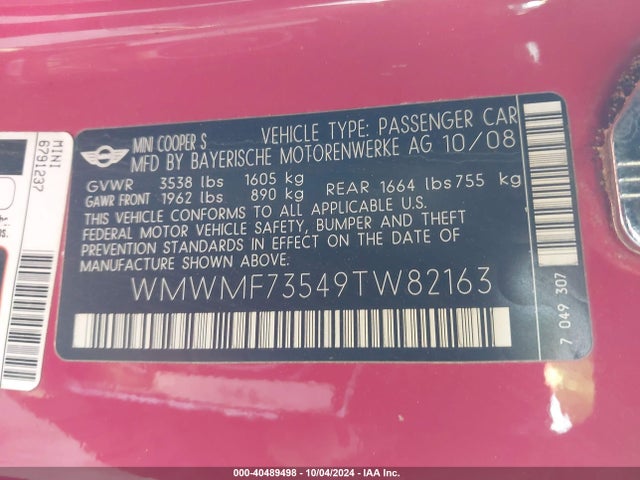 2009 MINI COOPER S WMWMF73549TW82163 Photo 8