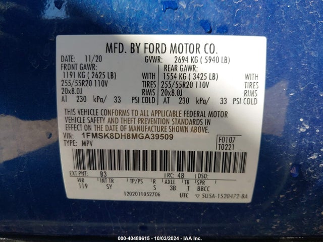 Ford EXPLORER XLT 2021 1FMSK8DH8MGA39509 Image 9