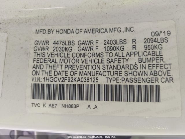 1HGCV2F92KA036125 Honda Accord Touring 2.0t