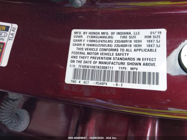 Honda Cr-v Ex-l 2019 7FARW1H87KE008711 Image 9