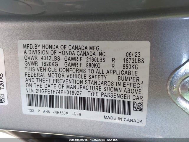Honda Civic 2023 2HGFE1F74PH318927 Image 9
