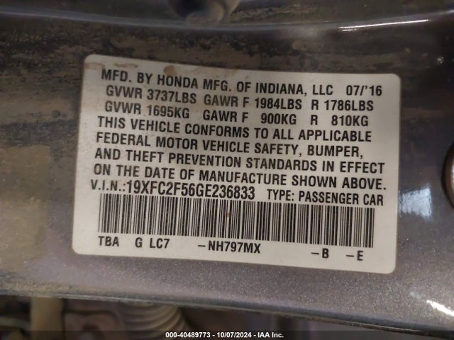 Honda Civic Lx 2016 19XFC2F56GE236833 Image 9