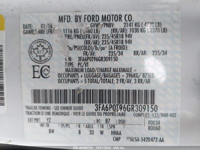 3FA6P0T96GR309150 Ford FUSION SE