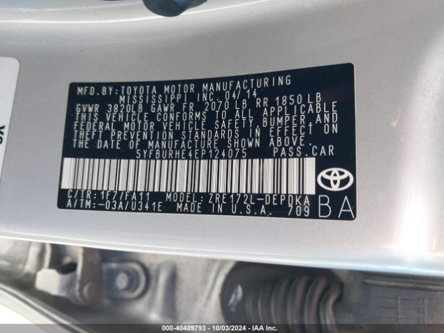 5YFBURHE4EP124075 Toyota COROLLA L