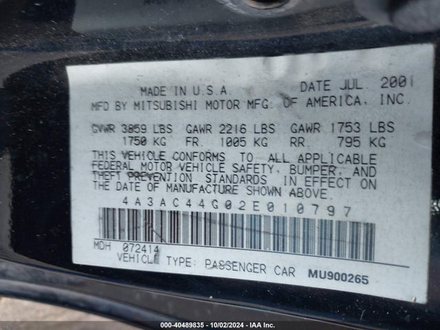 2002 MITSUBISHI ECLIPSE 4A3AC44G02E010797 Photo 8