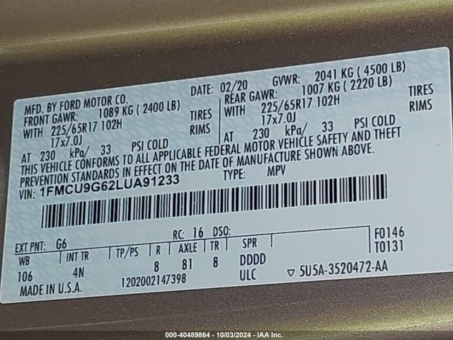 Ford ESCAPE SE 2020 1FMCU9G62LUA91233 Image 9