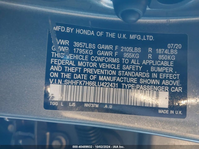 Honda CIVIC EX 2020 SHHFK7H66LU422431 Image 9