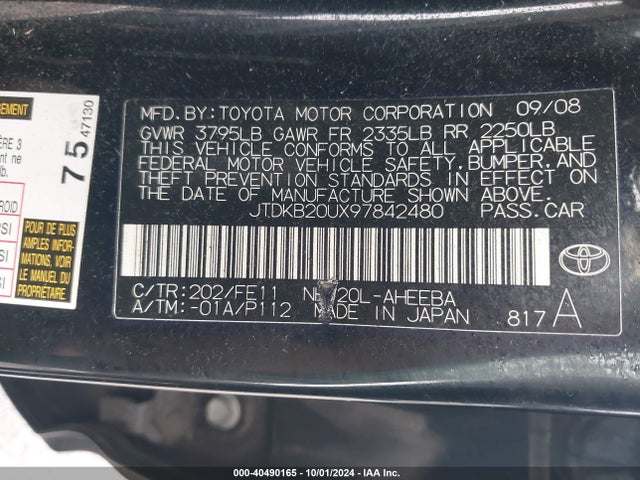 Aukcja sprzedaży 2009 Toyota Prius, vin: JTDKB20UX97842480, numer aukcji: 40490165