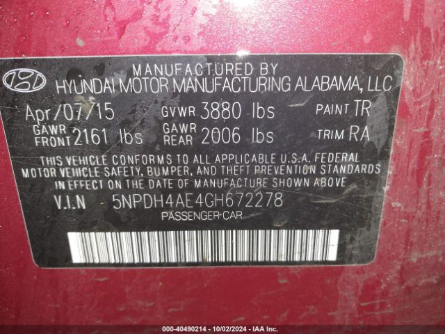 5NPDH4AE4GH672278 Hyundai ELANTRA SE