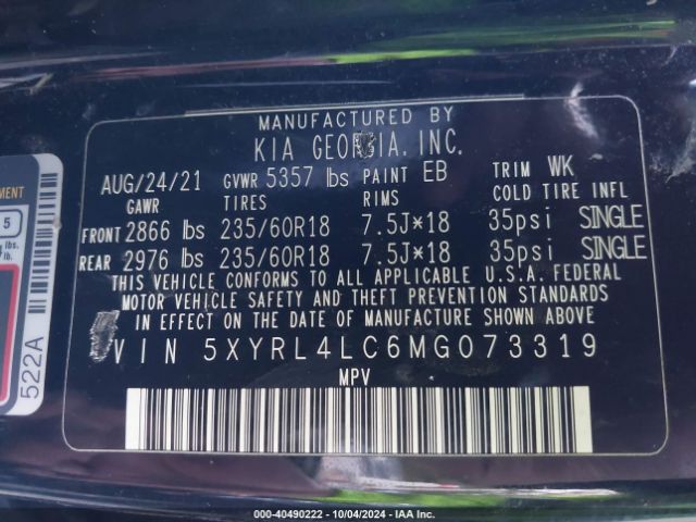 5XYRL4LC6MG073319 KIA SORENTO S