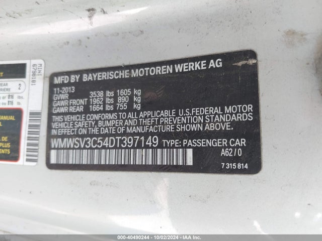 2013 MINI HARDTOP WMWSV3C54DT397149 Photo 8