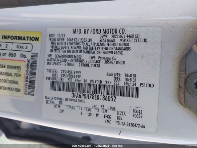 3FA6P0H78ER186052 Ford FUSION SE