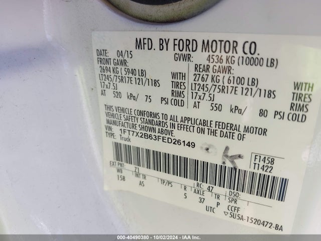 Ford F-250 Xl 2015 1FT7X2B63FED26149 Image 9