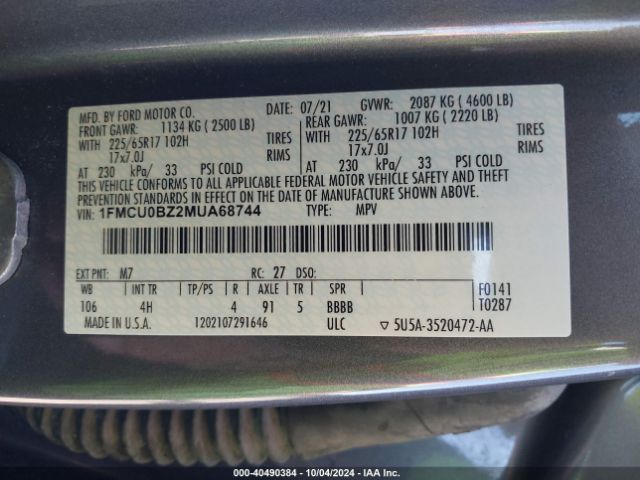 1FMCU0BZ2MUA68744 Ford Escape Se Hybrid