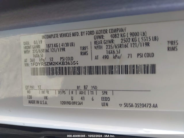 1FDYR5ZM2KKB36354 Ford Transit-250 Cab