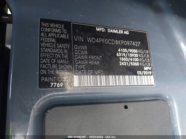 WD4PF0CD8KP097427 Mercedes-Benz Sprinter 2500 High Roof V6/standard Roof V6
