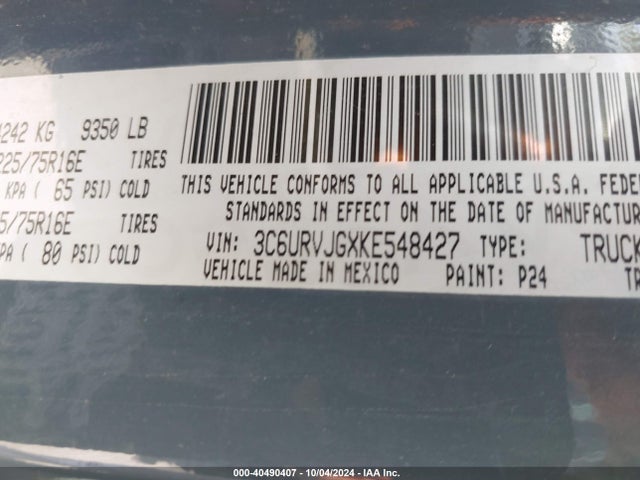 3C6URVJGXKE548427 RAM Promaster 3500 Cargo Van High Roof 159 Wb Ext
