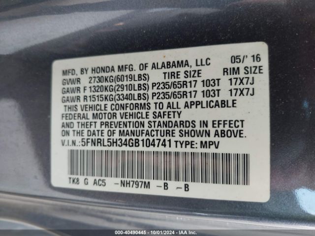 5FNRL5H34GB104741 Honda ODYSSEY SE