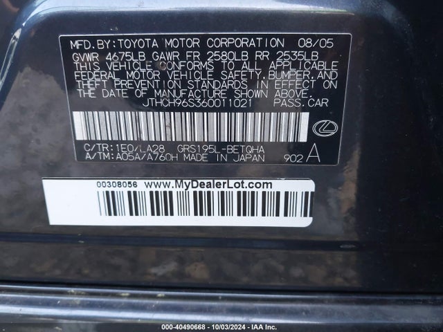 Aukcja sprzedaży 2006 Lexus Gs 300, vin: JTHCH96S360011021, numer aukcji: 40490668