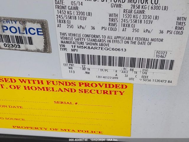 1FM5K8AR7EGC60613 Ford Utility Police Interceptor