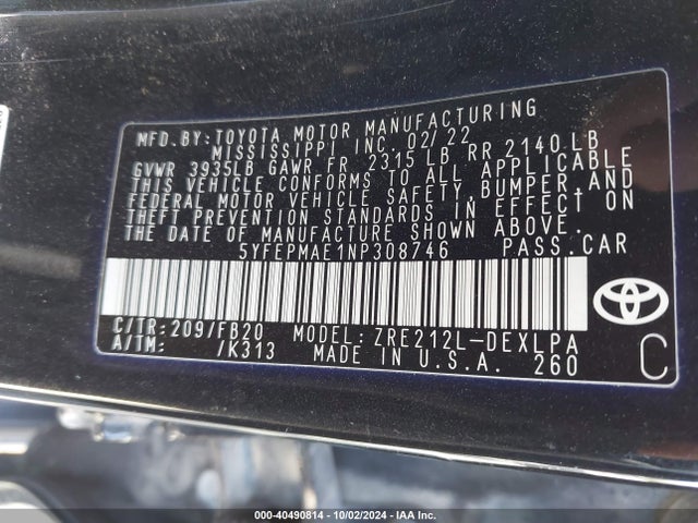 Toyota COROLLA LE 2022 5YFEPMAE1NP308746 Image 9