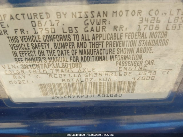 3N1CN7AP3JL801080 Nissan 2018