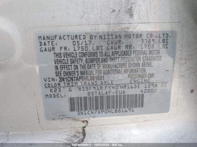 Nissan Versa 1.6 S 2017 3N1CN7AP0HL881691 Image 9