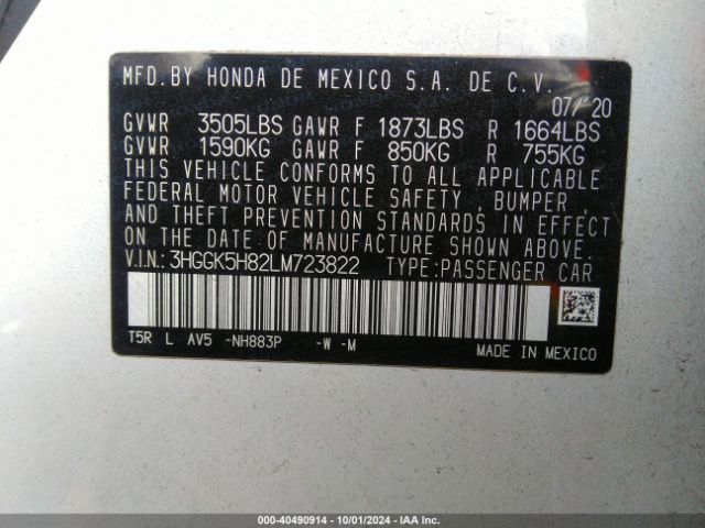 3HGGK5H82LM723822 Honda FIT EX